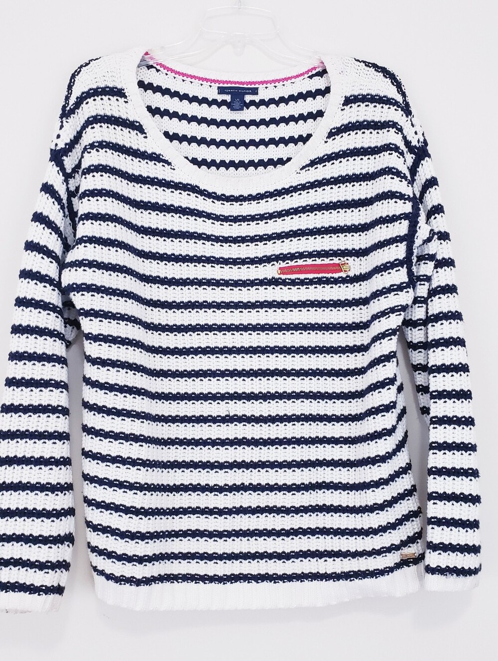 Tommy Hilfiger Navy & White Ivory Striped Open-Knit Scoopneck Sweater Large